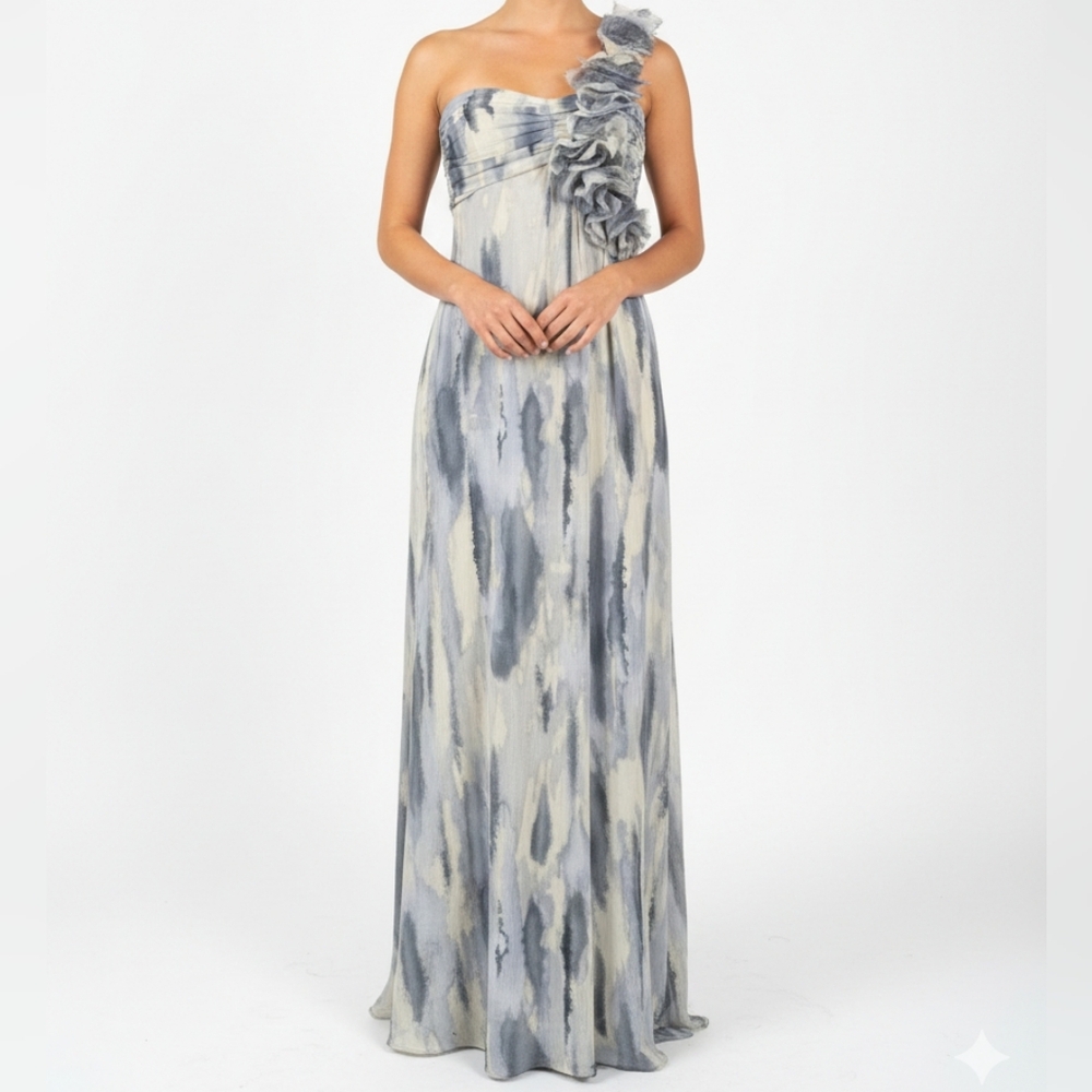 Ryu Small Blue Cream Abstract One Shoulder Ruffle Dress